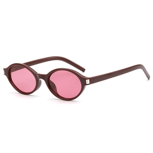 Retro oval sunglasses with burgundy frames, pink translucent lenses and silver accents