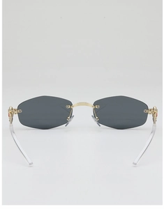 Détail de lunettes de soleil sans monture à verres gris foncé et charnières dorées