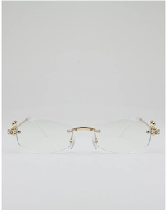 Détail de lunettes de soleil sans monture avec charnière fleurie et strass brillants