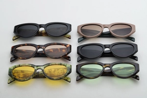 Detailed grid showing 6 vintage cat-eye sunglasses in black, tortoiseshell, and marble finishes