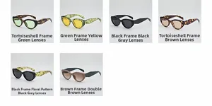 Detailed grid showing vintage cat-eye sunglasses in various colors and floral patterns