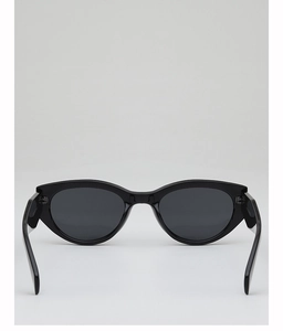 Front view of small cat-eye sunglasses with glossy black frames and dark lenses
