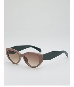 Detail view of cat eye sunglasses featuring brown frames and green temples for women