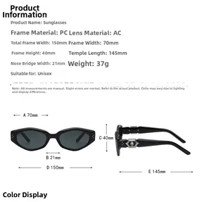 Detailed sizing chart and specifications for polygonal millennium style retro sunglasses