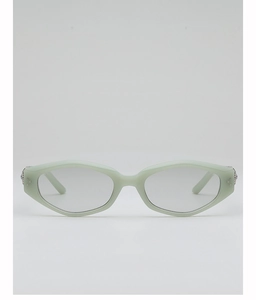 Front view of mint green narrow cat-eye sunglasses with silver rivet detail and clear lenses