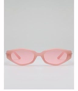Detailed view of pink cat-eye sunglasses with retro polygon frame and silver metal accents