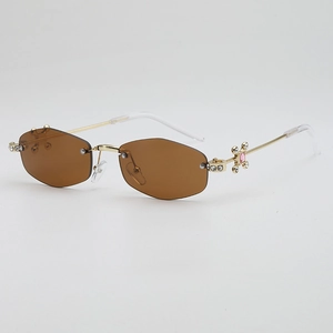 Lunettes De Soleil Polygonales Sans Monture Strass Métal Croix UV400 Mode Y2K Tendance Luxe Pour Femmes Hommes