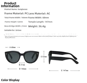Detailed size chart for oversized striped sunglasses showing frame width and lens height
