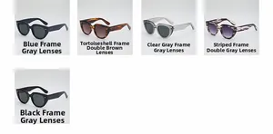 Collage of wide frame sunglasses in five colors including tortoise and striped patterns