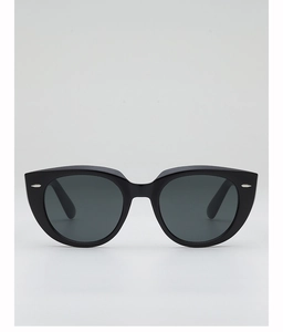 Front view of black oversized cat-eye sunglasses with silver metal decorative accents