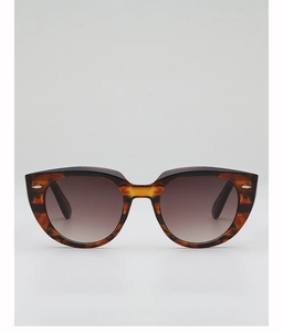Detail of tortoise shell sunglasses featuring cat eye frames and silver metal rivets