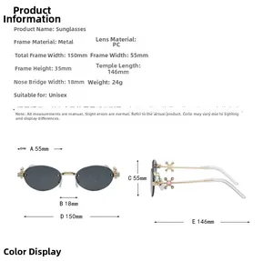 Detailed technical diagram of oval rimless sunglasses with dimensions and metal frame specs