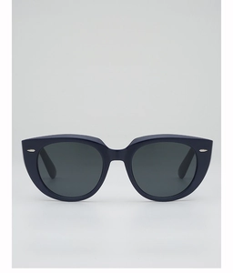 Detail of navy blue cat-eye sunglasses with silver wing metal accents and dark grey lenses
