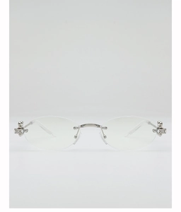 Detail of silver oval rimless sunglasses with rhinestone insect decor on temples