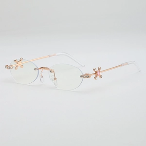 Rimless Oval Sunglasses UV400 Metal Frame Vintage Y2K Style With Rhinestones Cross Ornament