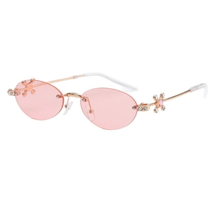 Chic rimless oval sunglasses with pink lenses and gold cross floral crystal detail