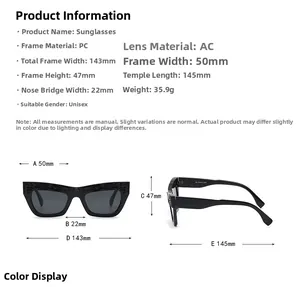 Detailed size chart of cat eye sunglasses showing 143mm width and 145mm temples length