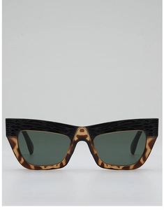 Detail view of cat eye sunglasses with wavy texture and tortoiseshell patterns