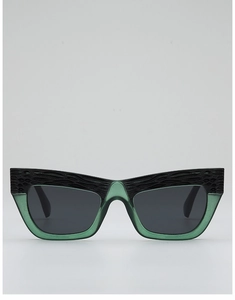 Detail view of green resin cat eye sunglasses featuring black scale textured temples
