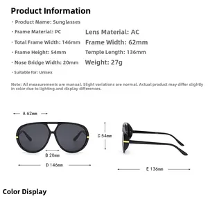 Detailed size chart for unisex double-bridge aviator sunglasses with dimensions in mm
