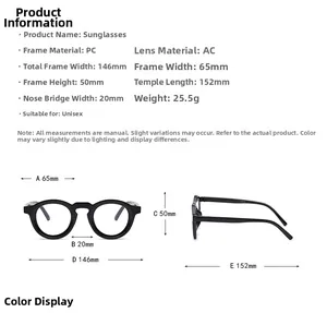 Tableau des tailles détaillé pour lunettes de soleil rondes rétro avec dimensions