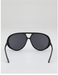 Back view of classic black pilot sunglasses with double bridge and dark grey lenses