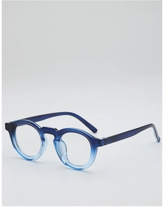 Close-up of vintage round glasses frame with blue gradient finish and durable hinges
