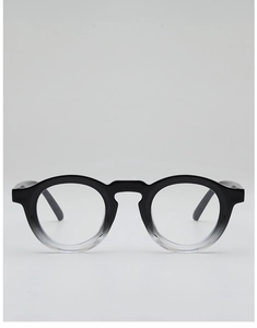 Front view detail of stylish retro round glasses with black and clear gradient frames