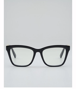 Detail view of stylish square black eyewear frames with subtle gold metal accents
