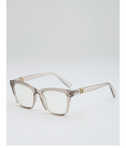 Detail of translucent taupe square glasses frame with golden metal hinge accents