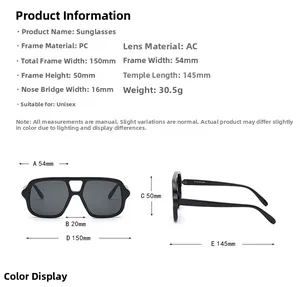 Detailed size specifications for double-bridge sunglasses with AC lens and PC frame