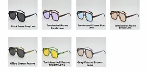 Detailed grid showing seven stylish double-bridge aviator sunglasses in various lens colors