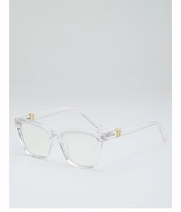 Detailed close-up of clear square frame glasses featuring a gold metal H-shaped temple hinge