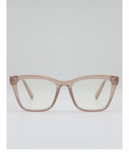 Macro detail of transparent pink square glasses frame with golden metal hinges