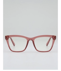 Detail of square glasses frame in translucent rose pink with premium metal hinges