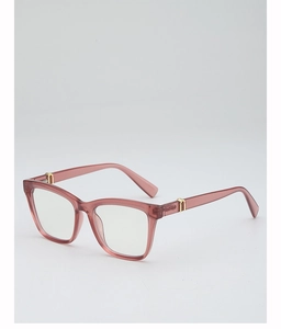 Detailed side view of pink square eyewear frames with golden U-shaped temple decorations