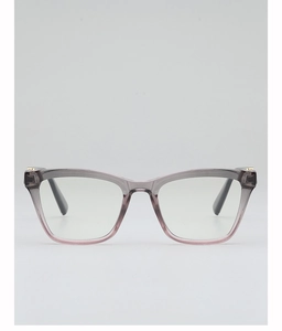 Detail of square gradient eyeglass frames with gray to pink transition and gold metal accents