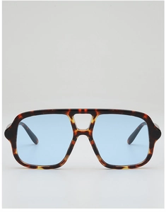 Detail of tortoise frame aviator sunglasses with light blue transparent lenses