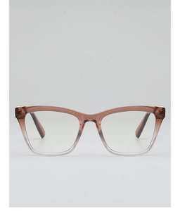 Detailed front view of square gradient tea-colored glasses frames with gold rivets
