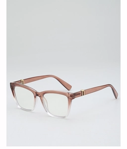 Detail of square gradient brown eyeglass frames with gold metal hinge accents