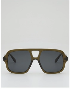 Detail of pilot-style sunglasses with olive green frame, double bridge and dark lenses