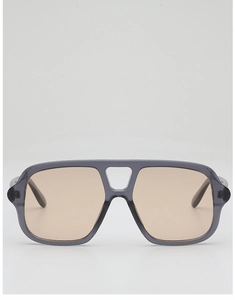Front view of trendy pilot sunglasses with grey translucent frames and brown tinted lenses