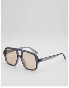 Detail view of double bridge sunglasses showing gray-purple frame and specifications