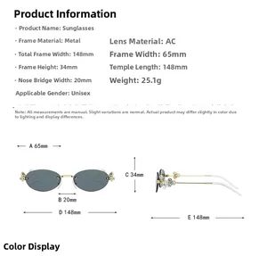 Size guide for oval diamond metal sunglasses showing frame width and temple length