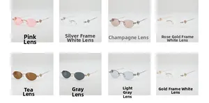 Detail of oval rimless sunglasses featuring floral metal hinges in various lens colors