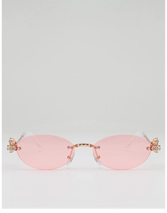Detail of pink oval rimless sunglasses with rhinestone-encrusted Saturn-shaped metal hinge