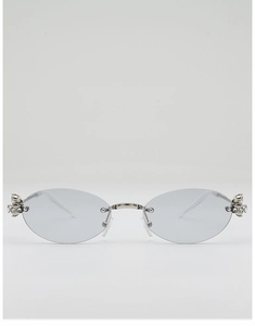 Detail of rimless oval sunglasses with crystal crown hinge and silver metal temples