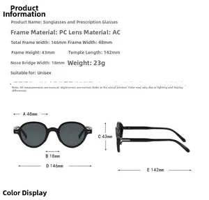 Detailed size chart showing dimensions of round retro sunglasses for unisex style