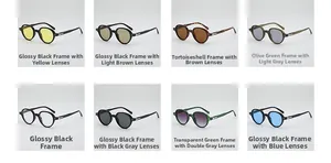 Macro view of retro round sunglasses showing metal T-hinge detail and assorted frames