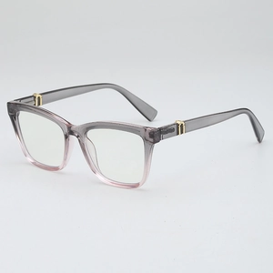 Square gradient gray-pink glasses frames with gold accents shown from a 3/4 side angle